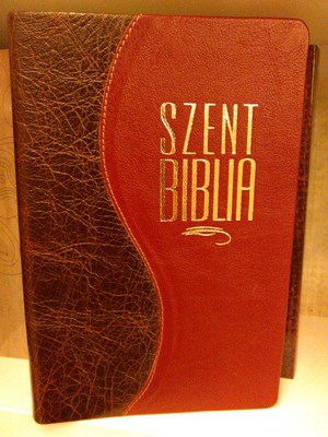 Biblia Károli fordítás, kis családi, bőrkötéssel, aranyszegéllyel, osztott barna-piros