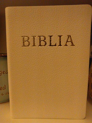 Biblia revideált új fordítás, közepes, bőrkötéssel, aranyszegéllyel, fehér