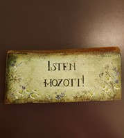 Egyedi kézműves fatábla, Isten hozott, margarétás (Fa)