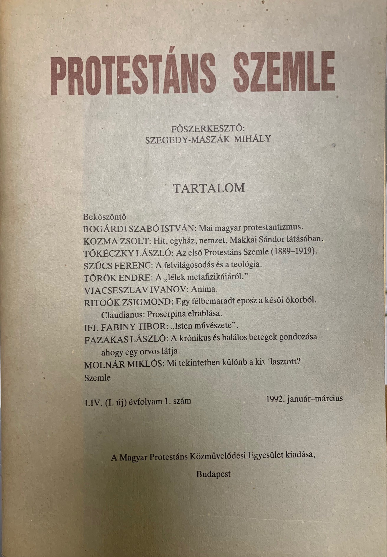 Protestáns szemle 1992. január-március