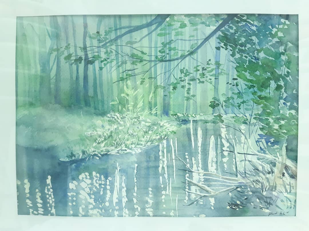 Akvarell festmény Fák a folyóparton