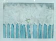 Akvarell festmény Cinke a havas kerítésen